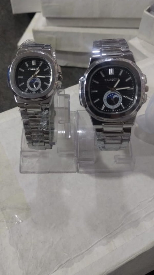 Curren Stainless Steel Couple Watch Set With Moonphase Design – Black Dial (with Box)